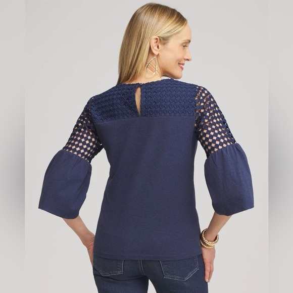 NWOT Chico’s Faux Denim Lace Mix Top - Picture 3 of 9